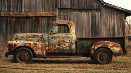 Obraz premium old abandoned truck against wooden house