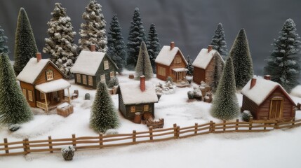 Naklejka premium Charming winter village scene with snow-covered houses and trees during the holiday season