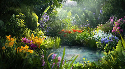 Fototapeta premium Garden with abundant blooms, verdant foliage, & body of water amidst a dense green forest