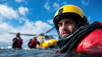Rescue workers in bright gear are engaged in a water operation, with a helicopter visible in the background against a blue sky and scattered clouds