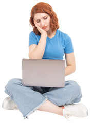 Young caucasian thoughtful thinking woman using laptop, full body view businesswoman or student sit floor legs crossed typing looking screen with sad expression. Transparent png background image.