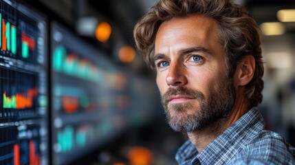 A man with tousled hair and a beard observes complex financial graphs and charts displayed on multiple computer screens in a contemporary office setting
