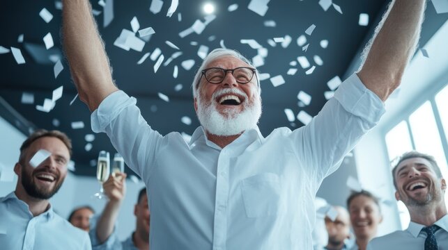 A group of colleagues gathers in a bright office, celebrating a significant achievement. Laughter fills the air as confetti falls, and everyone raises their glasses in a toast to success