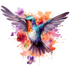 Obraz premium watercolor humming bird clipart on an isolated background, colourful bird and flower illustration, transparent background, png
