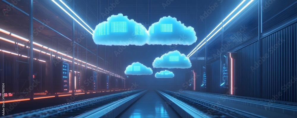 Poster futuristic cloud technology scene with neon lights and abstract elements, ideal for digital transfor