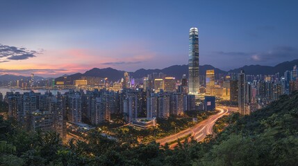Animated light trails and the towering skyline of a futuristic city at night