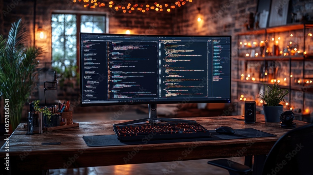 Poster a welcoming workspace features a large curved monitor filled with code, surrounded by plants and sof