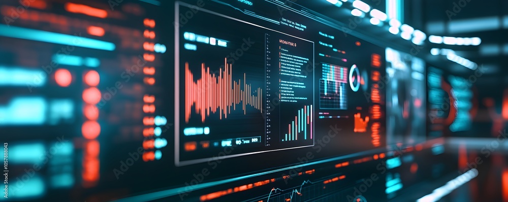 Poster futuristic digital interface displaying graphs and data metrics in vibrant colors for technology and