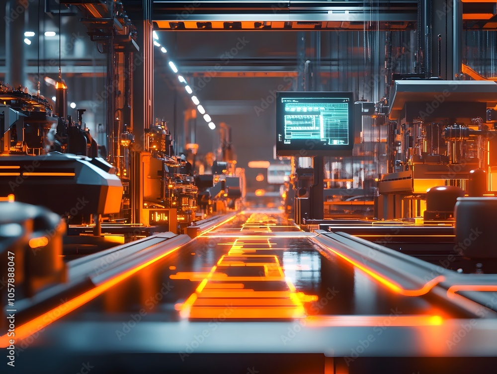 Poster futuristic factory interior showcasing advanced technology with glowing lines and digital screens, e