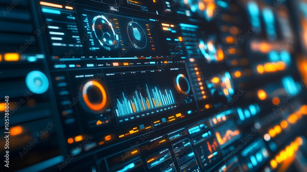 Poster Futuristic digital interface displaying vibrant graphs and data metrics for analytics and technology applications.