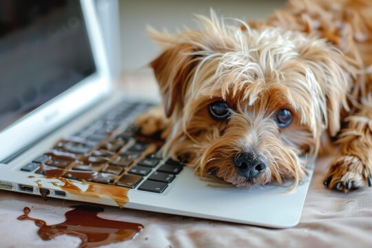Dog spilled coffee on computer laptop keyboard. Damage property from pet