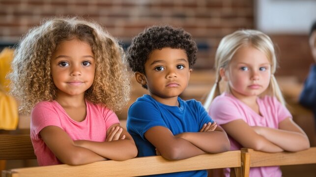 Three children sit side by side in a classroom, their arms crossed as they await the start of the lesson. The expressions on their faces range from seriousness to curiosity