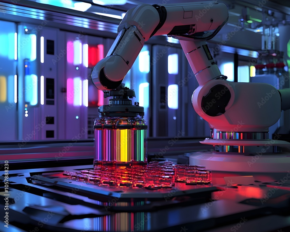 Poster futuristic robotic arm manipulating vibrant circuits in a high-tech environment, showcasing advanced