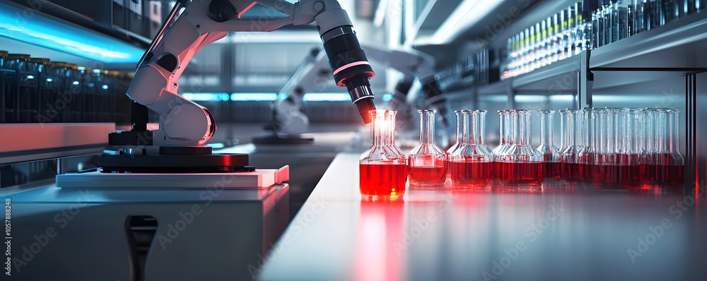 Poster futuristic laboratory with robotic arm analyzing glowing liquids in test tubes, showcasing advanced 