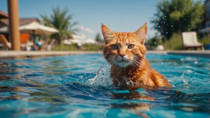 Obraz premium Ginger Cat Poolside Summer Fun Splash