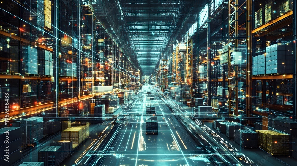 Poster futuristic warehouse interior showcasing advanced logistics and automated systems for efficient stor