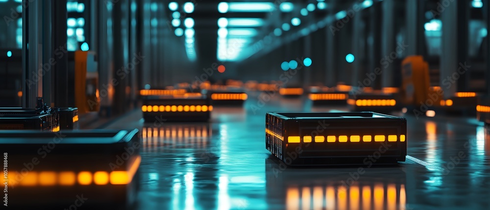Poster futuristic warehouse scene with automated robots and vibrant blue and orange lighting reflecting on 