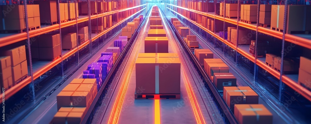 Poster futuristic warehouse scene with illuminated paths and organized packages, showcasing efficient stora