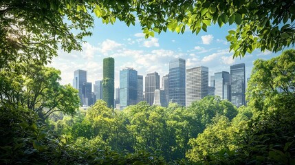 Fototapeta premium An innovative sustainable urban landscaping concept that integrates green architecture and eco-friendly planning for a contemporary cityscape. Image of a green city with text space for copy.