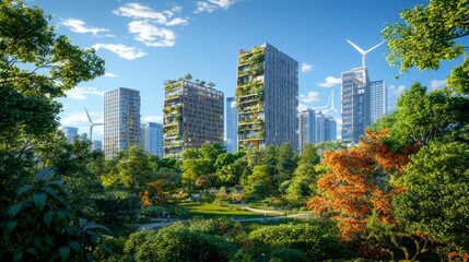 Fototapeta premium With wind turbines and solar panels, this sustainable city skyline features green buildings.