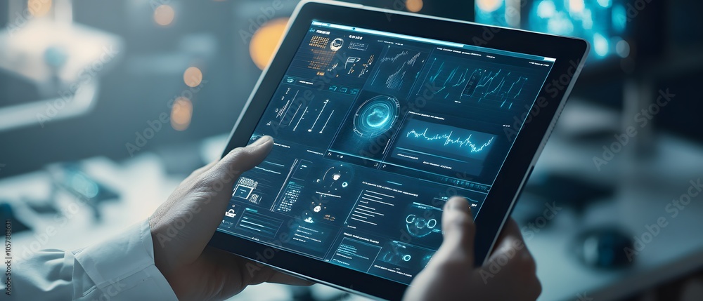 Poster hands holding a tablet displaying futuristic data analytics and graphs in a modern workspace with ad