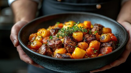 Waiter serving a gourmet dish in an upscale restaurant, illustrating the elegance and professionalism in fine dining service
