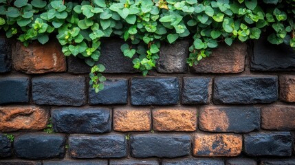 The sturdy black and orange bricks form a compelling backdrop, enriched by lush green foliage cascading over them, creating a serene atmosphere in an outdoor space
