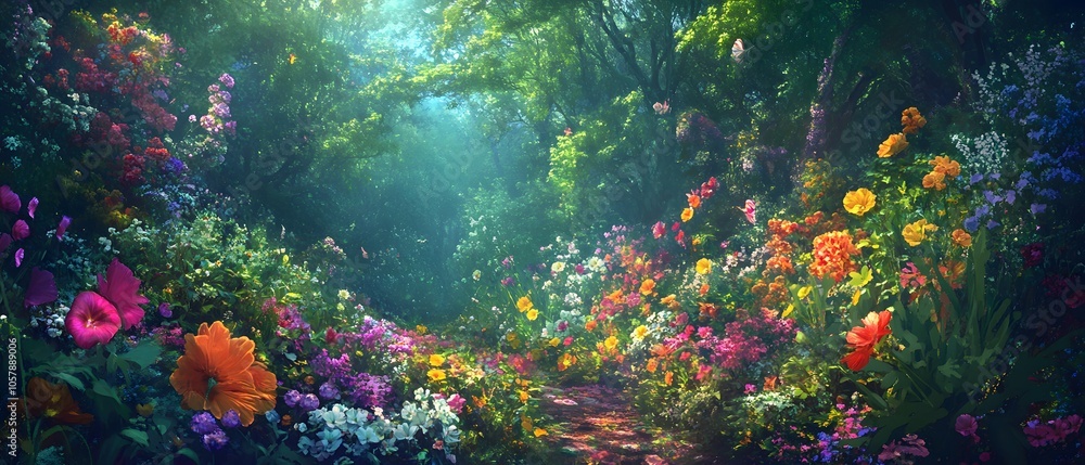 Poster lush forest path adorned with vibrant flowers, creating a tranquil and enchanting nature scene illum