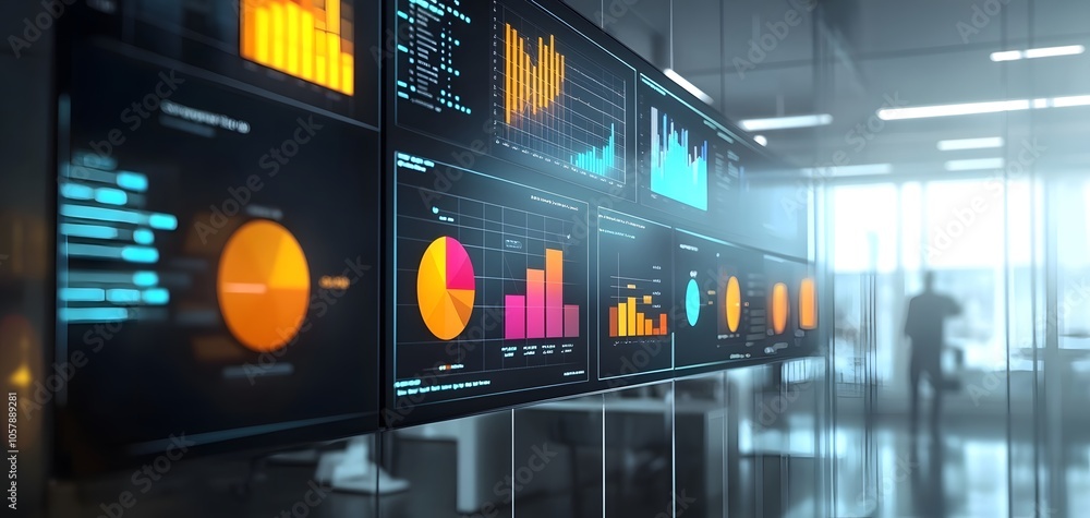 Poster modern office with digital dashboards showcasing data analytics and business metrics for decision ma