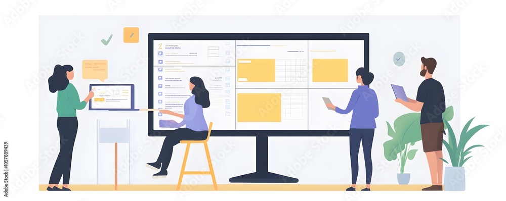 Poster modern workspace with diverse professionals collaborating on a digital project using a large screen 