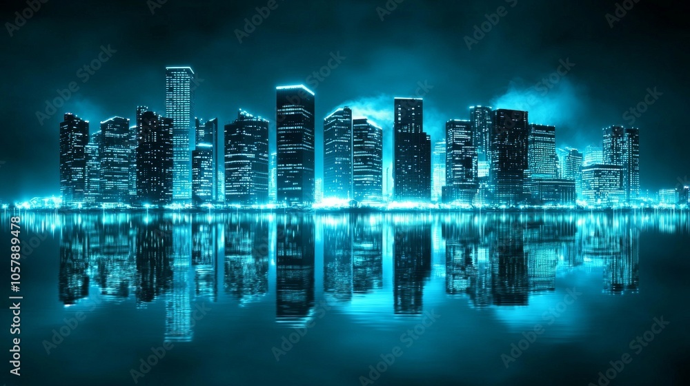 Poster a 2d rendering of an abstract neon mega city with reflections in puddles on the street. concept for 