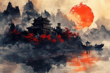 Serene landscape with an ancient pagoda, a boat, and a striking sunset reflecting on the water