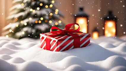 Red gift box with ribbon in the snow, Christmas tree and lanterns in background.