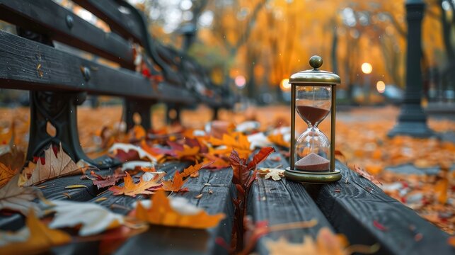 Close-up view of hourglass with fall leaves on park bench
