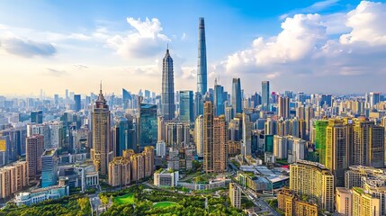 Fototapeta premium Blue sky and tall buildings in a modern cityscape