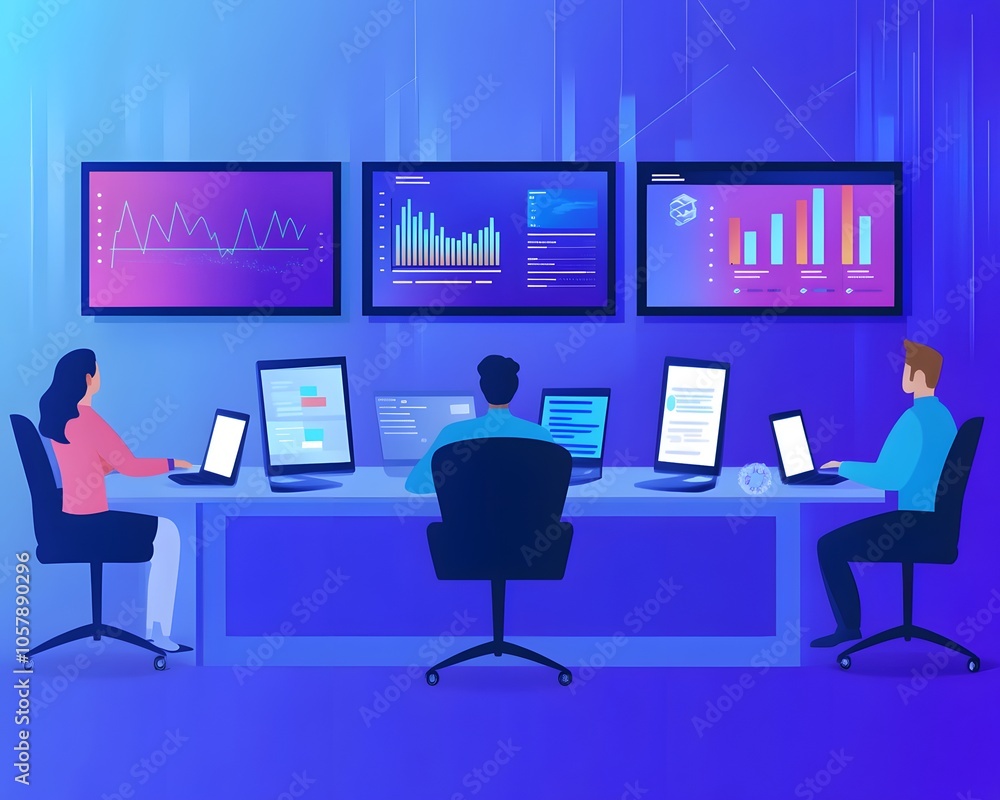 Poster three professionals analyze data on multiple screens in a modern office environment, showcasing team