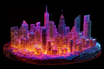 Future cityscape with digital pathways linking buildings. Integration technology, network of digital lines connecting the smart city.