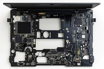 Fototapeta premium Top view of black laptop with visible hardware for repair upgrades.