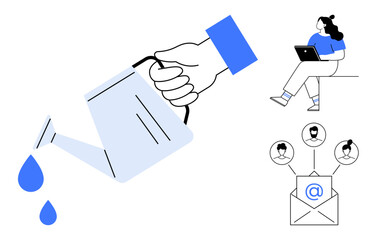 Hand holding watering can, woman with laptop, email network connecting three people. Ideal for productivity, growth, teamwork, remote work, communication, digital marketing, online education themes