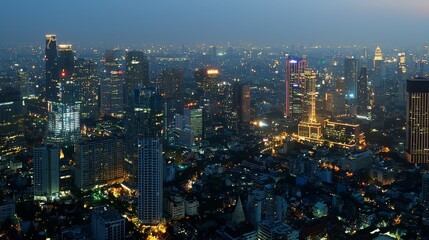 Obraz premium Symbolic smart city with dot point connected by gradient line. Bangkok city background at night, big data in Thailand.