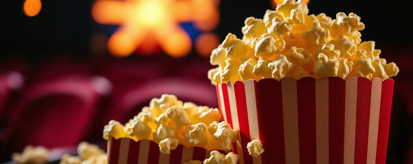 Fresh popcorn in striped containers at the cinema on movie night