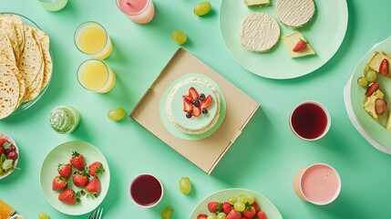   A table adorned with dishes, a box of crackers, and a cake plate