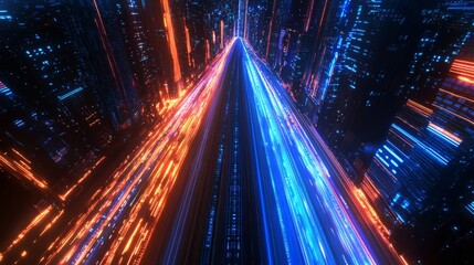 Fototapeta premium Skyscrapers glow with a futuristic glow and cars drive themselves