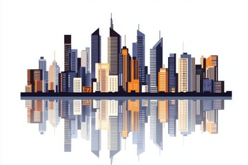 Obraz premium An illustration showing a modern city skyline with skyscrapers reflecting in the water.