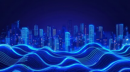 Neon lights light up an illuminated city skyline at night, creating a futuristic atmosphere that is ideal for technology and urban themes.