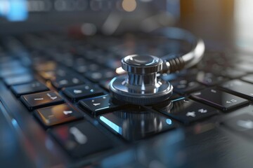 Stethoscope medical on laptop keyboard. computer repair or maintenance  doctor computer concepts.