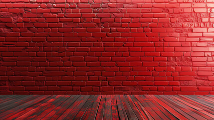 A red brick wall with a wooden floor. The wall is made of red bricks and the floor is made of...