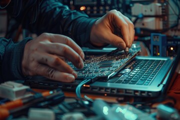 Naklejka premium technician repairing laptop computer closeup