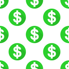 USD long shadow green round icons on white background. Vector seamless pattern.