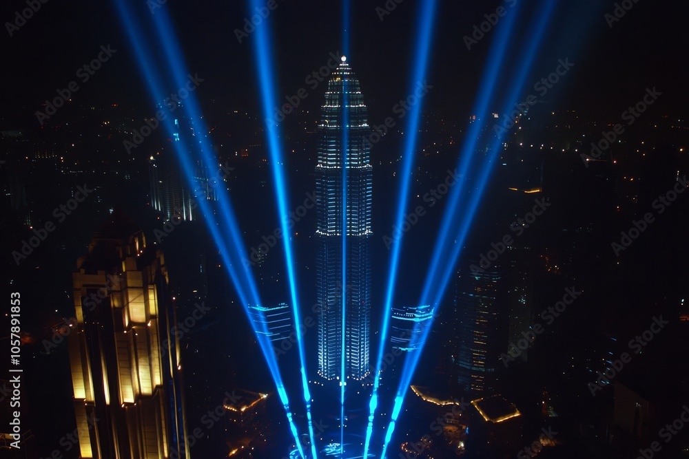 Poster light emerged from the ground, modern city with wireless network connection concept, abstract commun